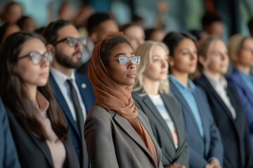 A diverse group of people from various races and backgrounds wearing formal suits and ties, swearing in the constitution.