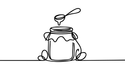 Wall Mural - One single line drawing fresh sweet natural gold honey on glass jar with wooden dipper vector graphic illustration.