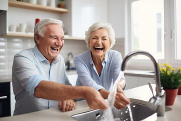 Wall Mural - Caucasian married senior mature couple washing dishes in the kitchen