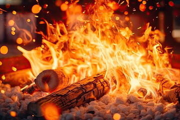 Poster - Close up of a roaring fire engulfed in flames, surrounded by a plethora of stacked firewood logs, creating a warm and inviting atmosphere