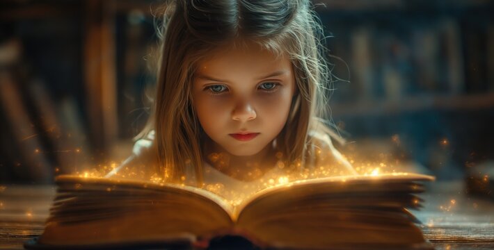 Beautiful little girl reading magic book. Created with Generative AI.