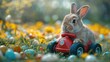 Cute Easter bunny driving a toy car. Created with Generative AI.