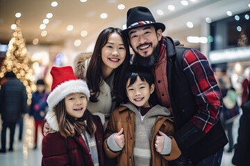 Poster - A joyful family gathers together in front of a beautifully decorated Christmas tree, smiling and posing for a photograph