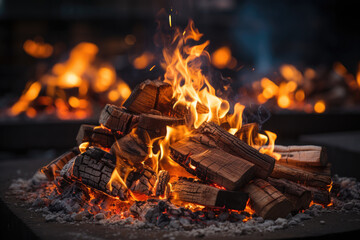 Poster - A mesmerizing scene unfolds as a pile of wood perches on a fire pit, awaiting the touch of a match to release its fiery glow into the night sky