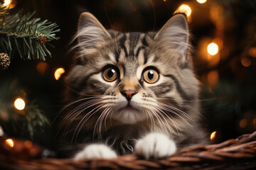 Sticker - A fluffy cat with twinkling eyes sits serenely in front of a glowing Christmas tree adorned with sparkling ornaments and strings of lights