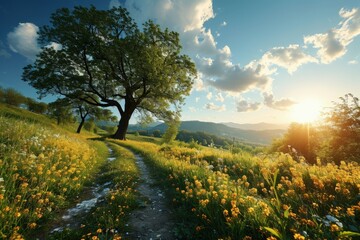 Canvas Print - A majestic tree stands tall in the center of a picturesque grassy field, casting a shadow over the vibrant green landscape under a clear blue sky