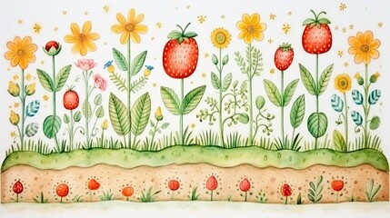 Sticker - An enchanting painting featuring a lush garden filled with vibrant strawberries and colorful flowers, creating a tranquil and idyllic scene