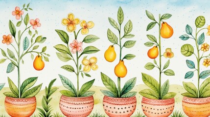 Aufkleber - A vibrant painting showcasing a variety of potted plants lined up in a row, each displaying unique colors and textures under the sunlight