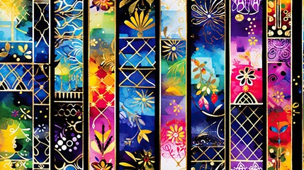 Poster - collection of colorful stained glass panels, each panel a mosaic of vibrant hues and intricate designs that come together to tell a visually captivating story