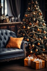 Canvas Print - A cozy living room adorned with a plush couch and a beautifully decorated Christmas tree, exuding warmth and holiday cheer