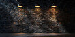 Rough black brick wall texture background and yellow hanging lights on it. 