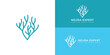 Neuron Nerve Cell or Coral Seaweed logo in blue color presented with multiple white and blue background colors. The logo is suitable for medical business logo design inspiration templates.