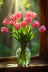 Wall Mural - A delicate vase holds vibrant pink tulips, their petals illuminated by the sunlight streaming through a window onto the sill they sit upon