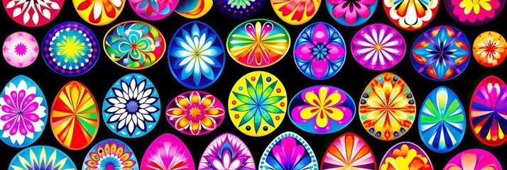 Sticker - A vibrant group of colorful eggs are lined up next to each other, showcasing a variety of hues and patterns against a neutral background