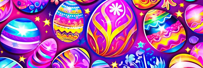 Poster - Colorful Easter eggs in various sizes and designs are beautifully painted on a rich purple background, creating a festive and joyful composition
