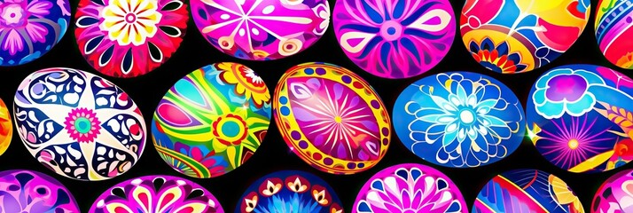 Poster - A stack of colorful painted eggs, each one unique and vibrant, creating a rainbow tower of artistry and creativity