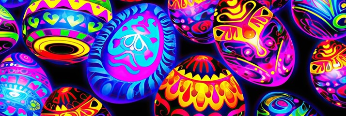 Poster - A vibrant array of painted eggs showcase a variety of hues and designs, sitting elegantly side by side in a harmonious display of color and creativity