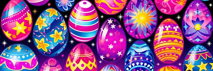 Poster - A vibrant assortment of colorful Easter eggs scattered on a sleek black background, creating a visually striking and festive display