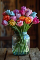Poster - A vibrant vase overflows with an array of colorful flowers, resting elegantly on a rustic wooden table