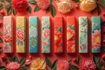 Poster - Vibrant boxes of various hues decorated with intricate floral designs create a mesmerizing display of color and beauty