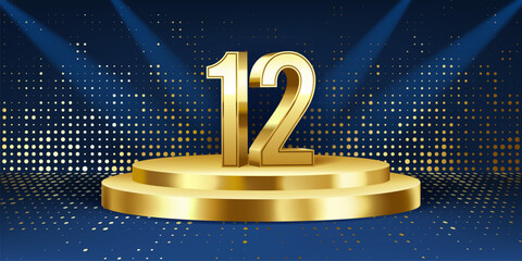 Wall Mural - 12th Year anniversary celebration background. Golden 3D numbers on a golden round podium, with lights in background.
