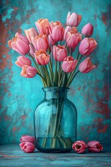 Sticker - pink tulips in a delicate blue vase, capturing the essence of beauty and serenity in nature