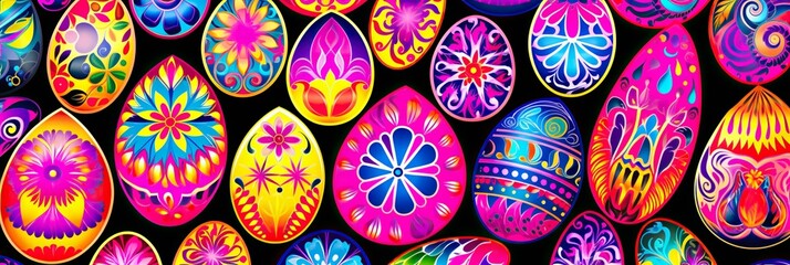 Poster - A lively collection of large, colorful painted eggs gathered together in a vibrant display of artistic creativity and festive spirit