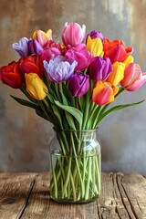 Canvas Print - A striking vase overflows with vibrant tulips, adding a burst of color to a rustic wooden table