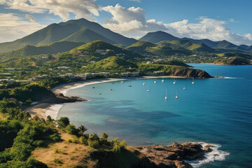 Wall Mural - A vibrant beach scene from above, showcasing multiple boats sailing gracefully in the crystal-clear water