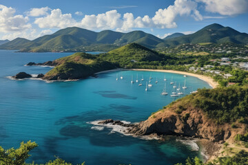 Sticker - Tranquil bay with sailboats cruising on the glistening water under the vast sky, creating a serene and picturesque scene