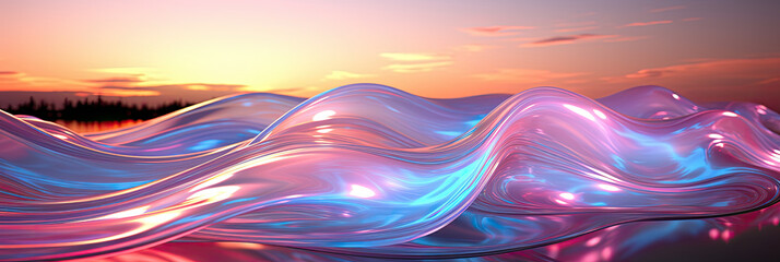 Poster - A computer-generated masterpiece featuring a majestic wave gracefully rolling under a mesmerizing sunset sky