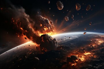 Wall Mural - Fiery Meteors hit earth. Hit explosion globe. Generate Ai