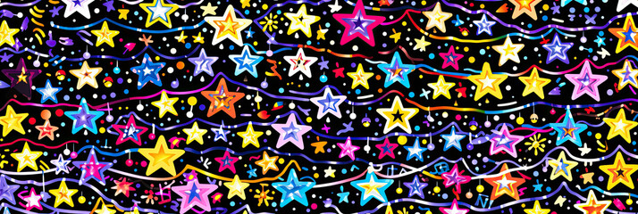 Sticker - A vibrant multicolored background adorned with twinkling stars and swirling streamers, creating a mesmerizing and magical scene, banner