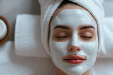 Wall Mural - Woman relaxing with facial mask treatment in spa setting, top view