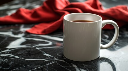 Wall Mural - A white coffee mug mock up, on a black marble countertop with a red napkin behind it. 