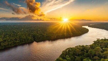 Scenic sunset view over the Amazon River with rainforest in Brazil, showcasing the serene and natural beauty of the landscape.