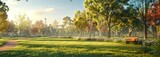 Fototapeta  - Public park with grass and trees on a spring or summer afternoon