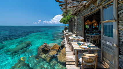 Wall Mural - restaurant by the ocean on a sunny dayof a tropical Island, a tropical cafe with an ocean view, a Restaurant over the sea