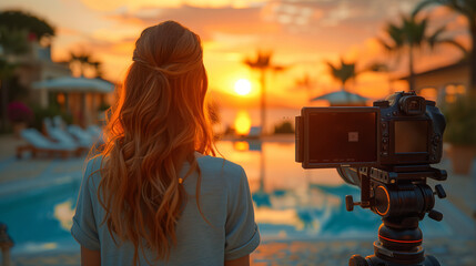 rear view video camera filming a woman acting for a social media movie in a luxury hotel, behind the