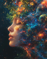 a fantasy art portrait head replaced by a vibrant illustrated universe full of whimsical planets and