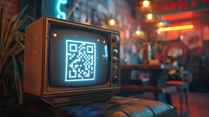 close up of a classic television screen with glowing QR code vintage broadcast equipment in the foreground ambient neon lighting from an urban bar in the backdrop high detail