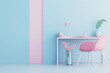 pink desk with a computer on top of it, in front of a pink and blue wall