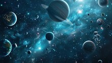 Background Design With Many Planets In Space Illustration. Space Icon Set And Astronaut