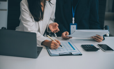 Co working conference, Business team meeting present, investor colleagues discussing new plan financial graph data on office table with laptop and digital tablet, Finance, accounting, investment.