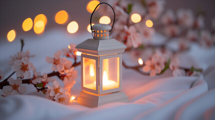 Wall Mural - romantic lantern with candle at night for date. Space for text. pink