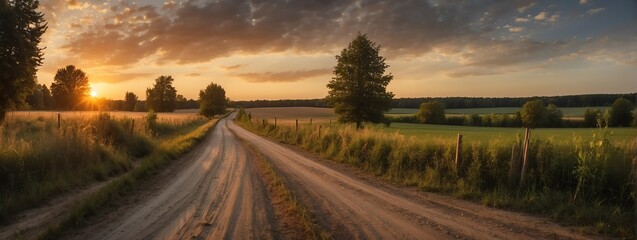 amazing panoramic view of rural country road in the woods at sunset from generative ai