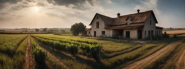 Wall Mural - Amazing panoramic view of rural farmhouse with wooden fence from Generative AI