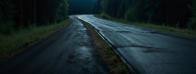 Wall Mural - Panoramic view of a concrete road in the middle of a forest at night from Generative AI