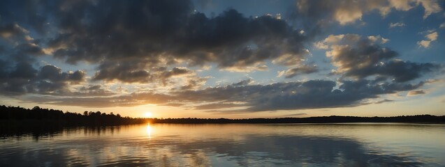 Wall Mural - Panoramic view of a lake with cloudy sky at sunset from Generative AI