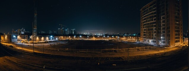 Wall Mural - Wide angle panoramic view of a building construction site at night from Generative AI